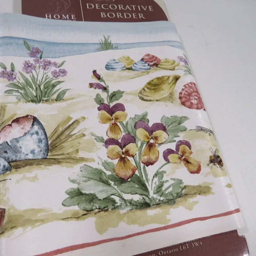 Seashells (Warm Colors) with pansies at the beach Wallpaper border (3) Rolls